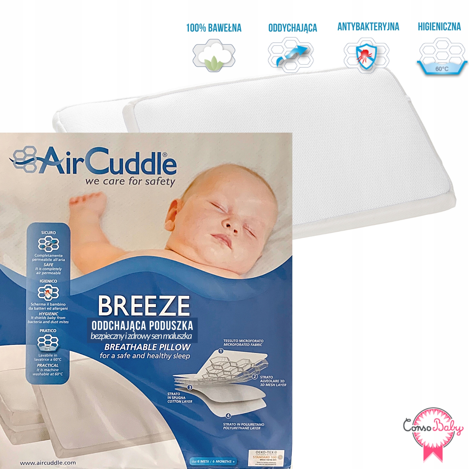 Płaska poduszka dla dzieci - antypotowa i oddychająca - BREEZE AirCuddle